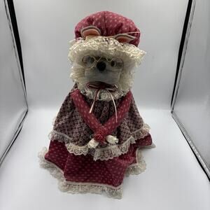 Vintage Grandma Mouse Figurine 15" Handmade Doll Bonnet Dress Home Decor Red